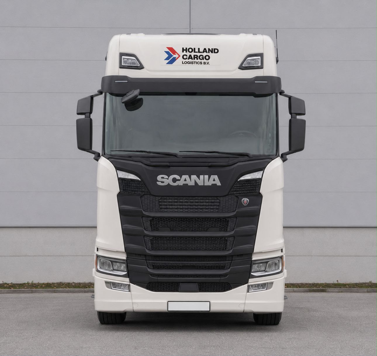 Voorzijde van een Scania vrachtwagen van Holland Cargo Logistics