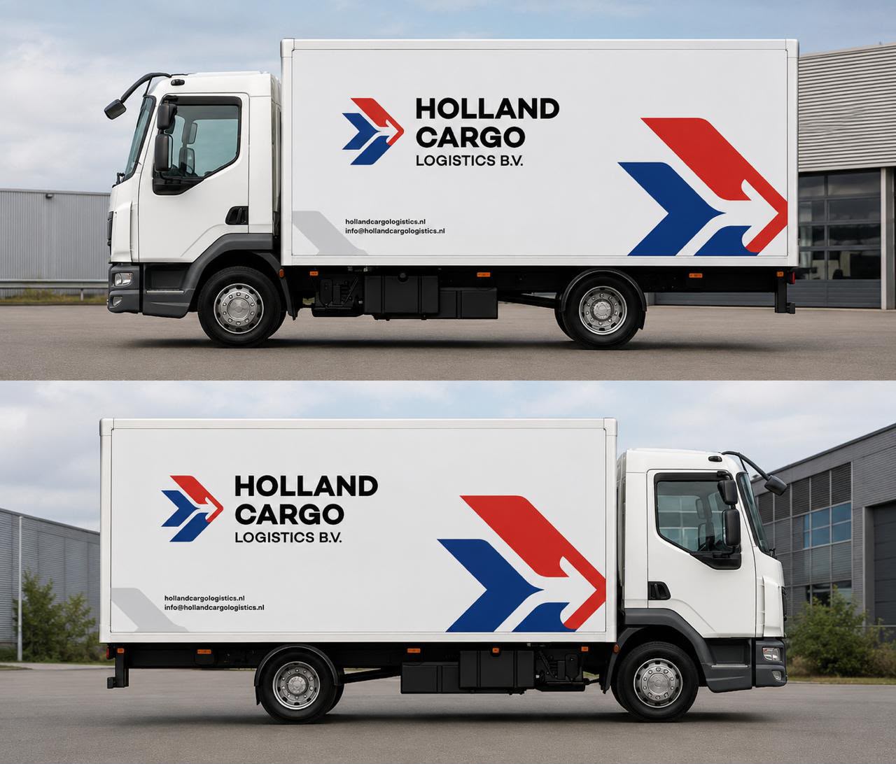 Twee bestelwagens van Holland Cargo Logistics met huisstijl