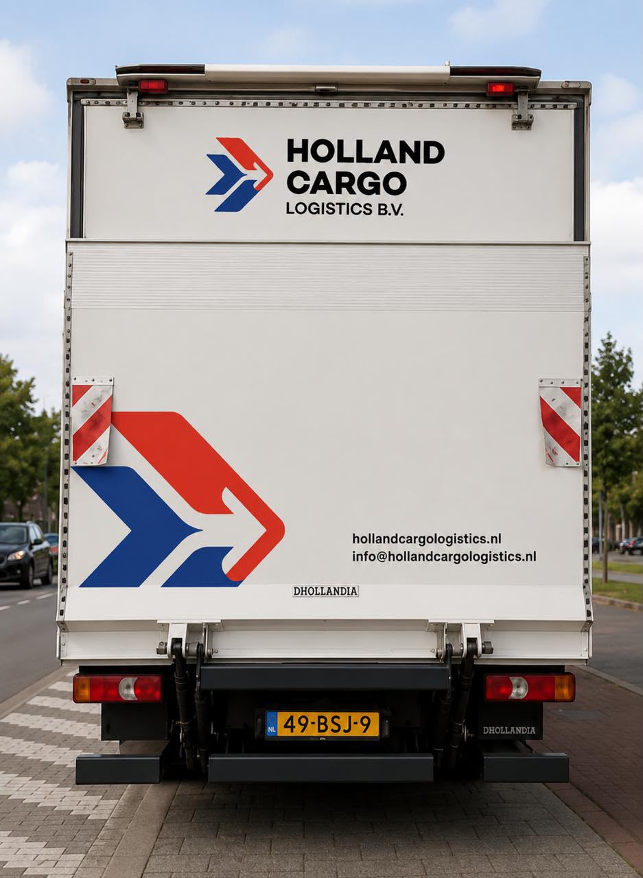 Gebrande achterdeur van een Holland Cargo trailer met website en e-mail